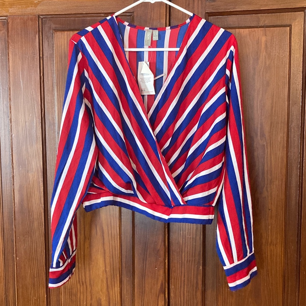 ASOS Red, Blue & White Striped Wrap Blouse